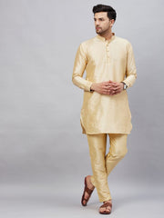 VM Men's Gold And Gold Cotton Blend Kurta Pyjama Set