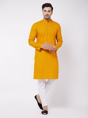 Vastramay Men's Mustard And White Cotton Linen Kurta Pyjama Set