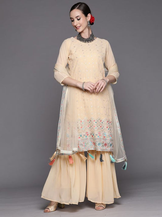 Indo Era Beige Embroidered Straight Kurta Sharara With Dupatta Set