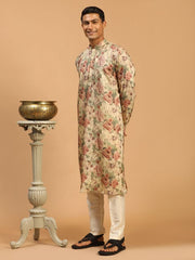 Vastramay Men's Cream And Brown Silk Blend Kurta Pyjama Set