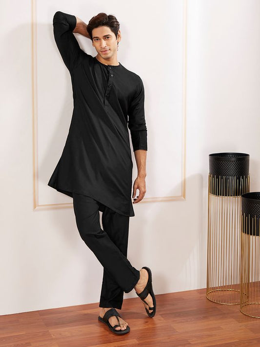 VASTRAMAY Men's Black Viscose Kurta Pyjama Set