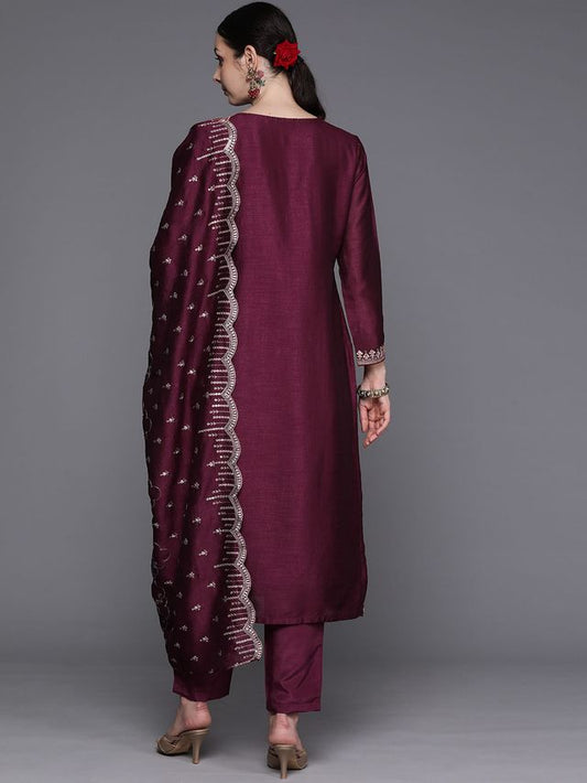 Indo Era Burgundy Embroidered Straight Kurta Trousers With Dupatta Set