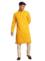 Shrestha By Vastramay Men's Yellow And Cream Georgette Kurta Pyjama Set