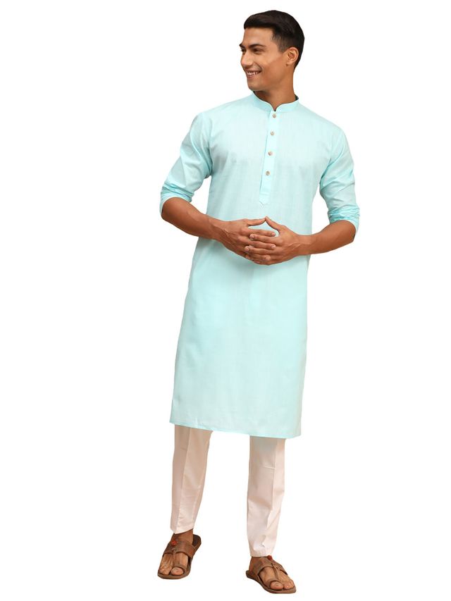 Vastramay Men's Aqua Blue And White Cotton Linen Kurta Pyjama Set