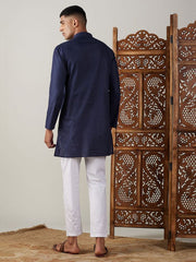 VASTRAMAY Men's Navy Blue And White Cotton Blend Kurta Pyjama Set