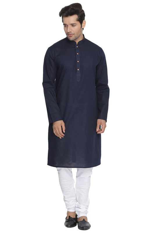 Vastramay Men's Blue Cotton Linen Blend Kurta Pyjama Set