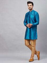 VM Men's Turquoise And Rose Gold Cotton Blend Kurta Pyjama Set