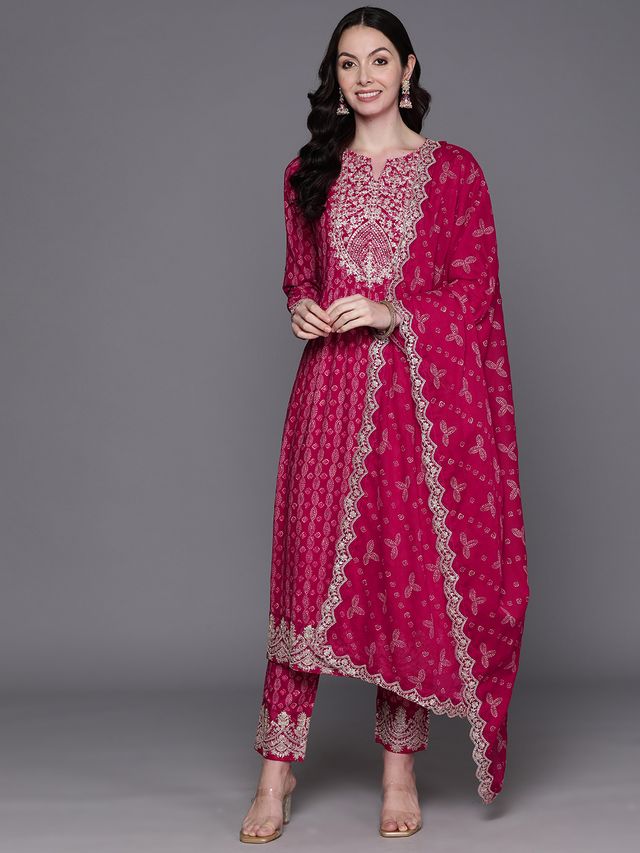 Indo Era Pink Printed A-Line Kurta Trousers With Dupatta Set