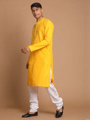 Vastramay Men's Yellow And White Cotton Blend Kurta Pyjama Set