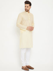 VM by Vastramay Men's Cream And White Cotton Kurta Pyjama Set