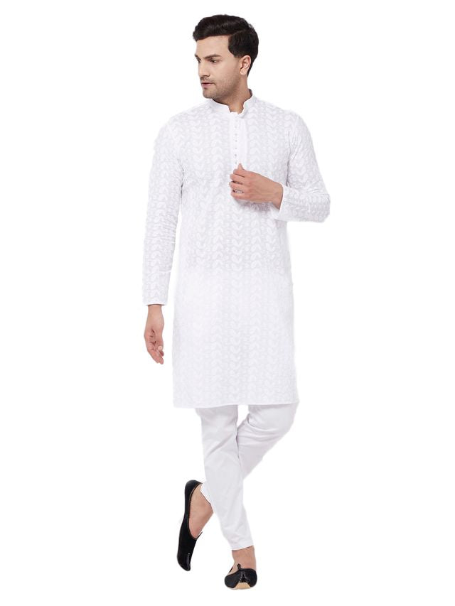 Vastramay Men's White Pure Cotton Kurta Pyjama Set