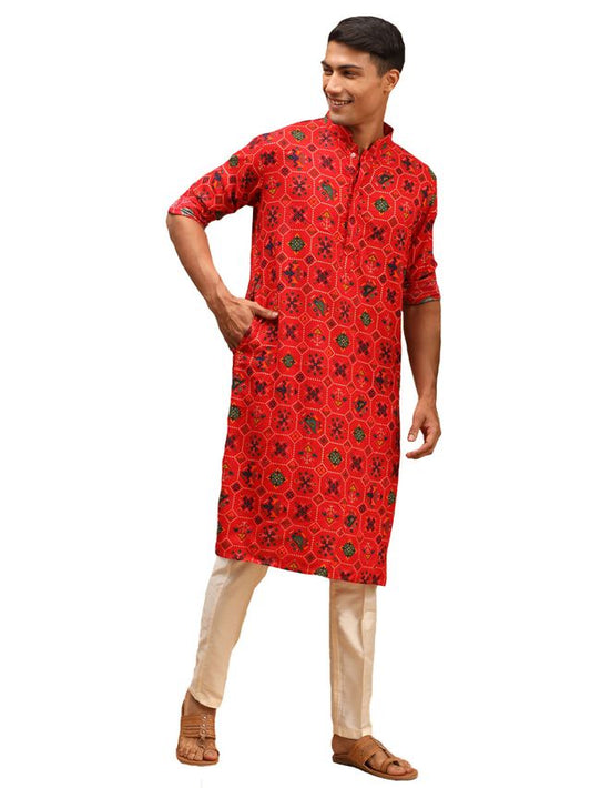 Vastramay Men's Red And Cream Cotton Blend Kurta Pyjama Set