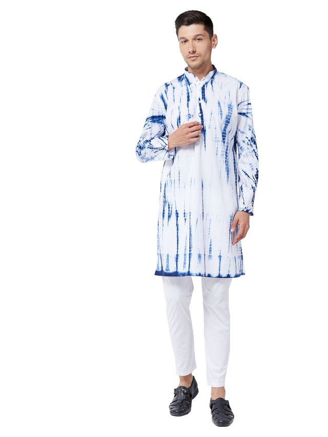 Vastramay Men's Blue And White Pure Cotton Kurta Pyjama Set