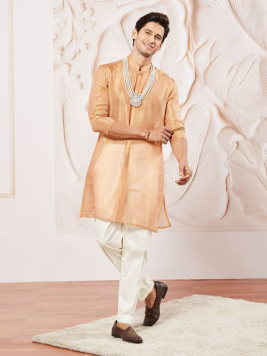 VASTRAMAY Men's Rust Tissue Silk Kurta Pyjama Set