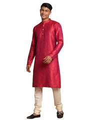 Vastramay Men's Red And Cream Silk Blend Kurta Pyjama Set