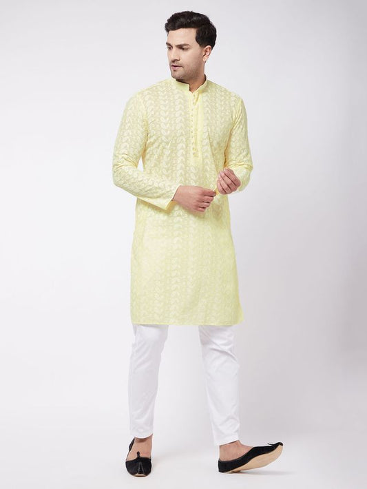 Vastramay Men's Yellow And White Pure Cotton Kurta Pyjama Set