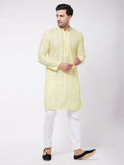 Vastramay Men's Yellow And White Pure Cotton Kurta Pyjama Set