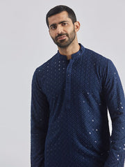 VASTRAMAY Men's Navy Blue And White Rayon Cotton Kurta Pyjama Set