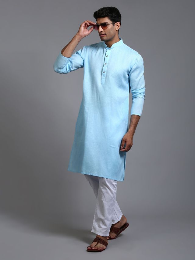 VM Men's Aqua And White Cotton Kurta Pyjama Set