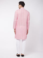 Vastramay Men's Pink And White Pure Cotton Kurta Pyjama Set