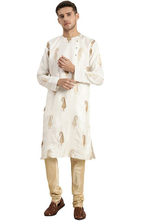 Shrestha By Vastramay Men's White And Gold Silk Blend Kurta Pyjama Set