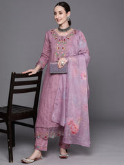 Indo Era Lavender Embroidered A-Line Kurta Trousers With Dupatta Set