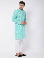 Vastramay Men's Green And White Pure Cotton Kurta Pyjama Set