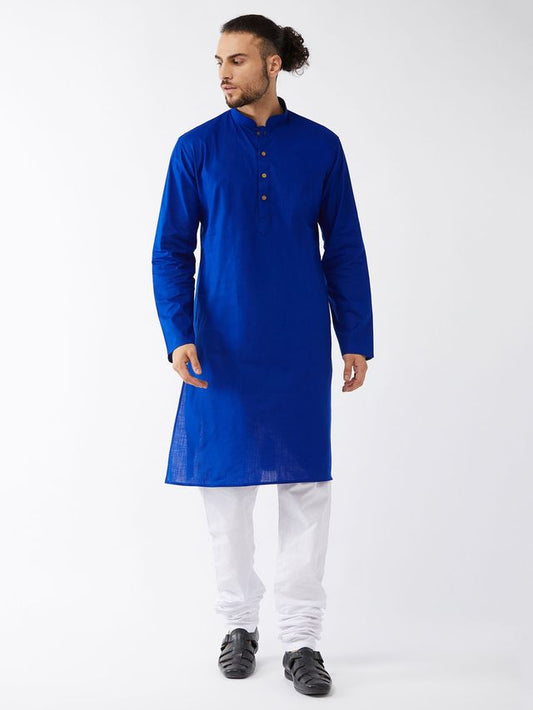 Vastramay Men's Blue And White Cotton Linen Kurta Pyjama Set