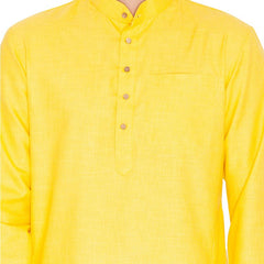 Vastramay Men's Yellow Cotton Linen Blend Kurta Pyjama Set