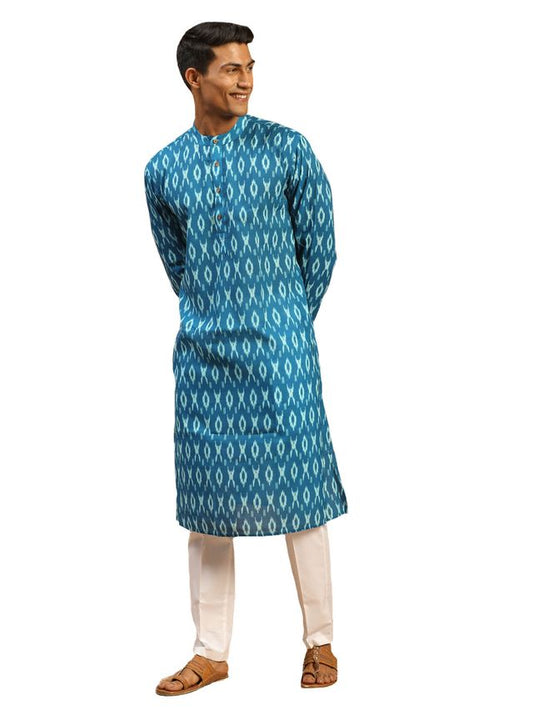 Vastramay Men's Turquoise Cotton Blend Kurta & Pyjama