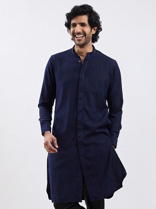 VASTRAMAY Men's Navy Blue Cotton Blend Kurta for Men.