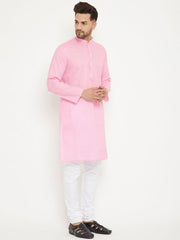 VM by Vastramay Men's Pink And White Cotton Blend Kurta Pyjama Set