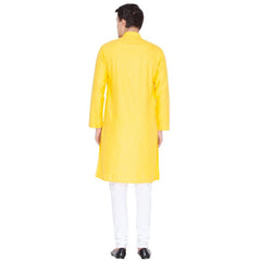 Vastramay Men's Yellow Cotton Linen Blend Kurta Pyjama Set