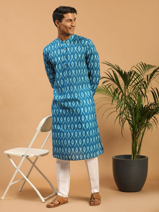 Vastramay Men's Turquoise Cotton Blend Kurta & Pyjama