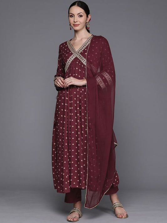 Indo Era Maroon Printed Straight Kurta Trousers With Dupatta Set