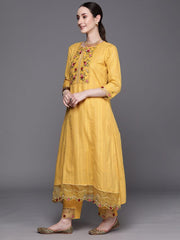 Indo Era Yellow Embroidered A-Line Kurta Trousers With Dupatta Set