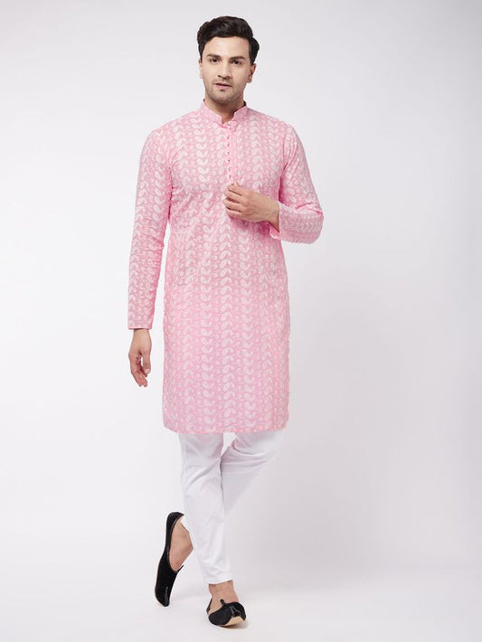 Vastramay Men's Pink And White Pure Cotton Kurta Pyjama Set