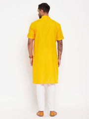 VM Men's Mustard And White Cotton Kurta Pyjama Set