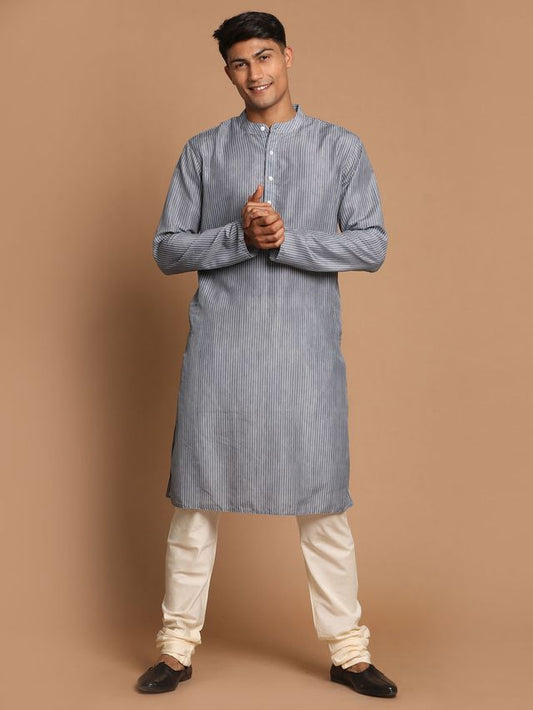 Vastramay Men's Grey And Cream Cotton Blend Kurta Pyjama Set