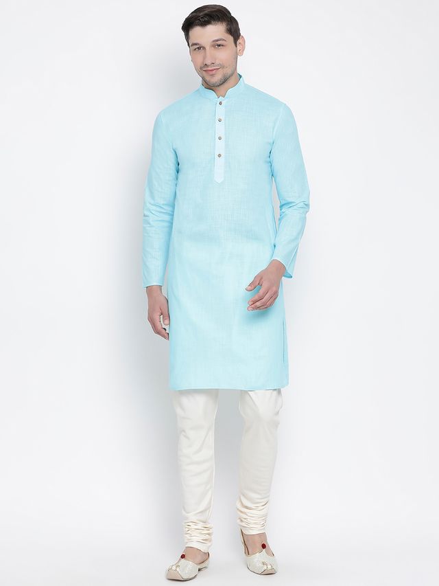 Vastramay Men's Light Blue Cotton Linen Blend Kurta Pyjama Set