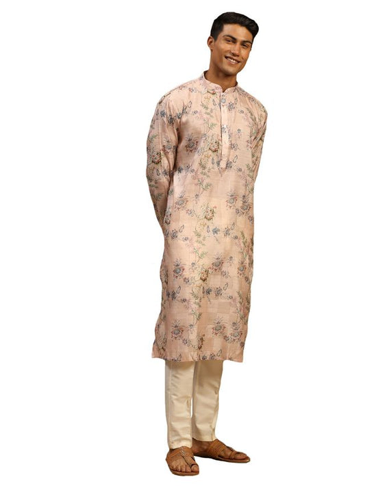 Vastramay Men's Pink And White Cotton Blend Kurta Pyjama Set