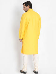 Vastramay Men's Yellow Cotton Linen Blend Kurta Pyjama Set