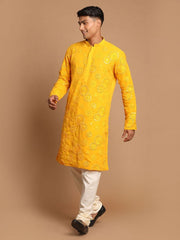 Shrestha By Vastramay Men's Yellow And Cream Georgette Kurta Pyjama Set