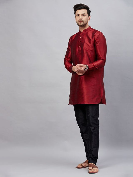 VM Men's Maroon And Black Cotton Blend Kurta Pyjama Set