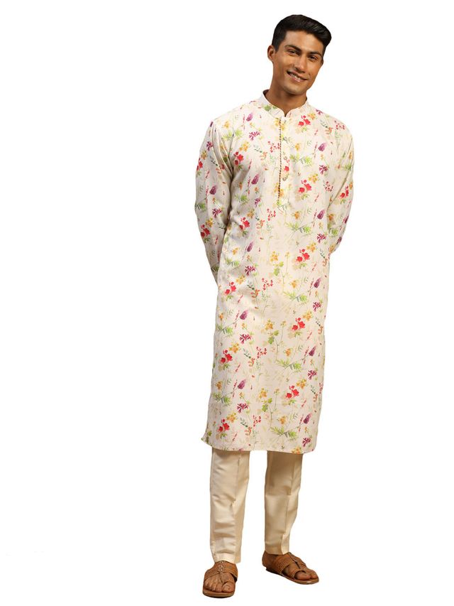 Vastramay Men's Cream Cotton Blend Kurta Pyjama Set