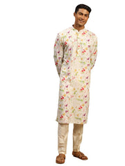 Vastramay Men's Cream Cotton Blend Kurta Pyjama Set