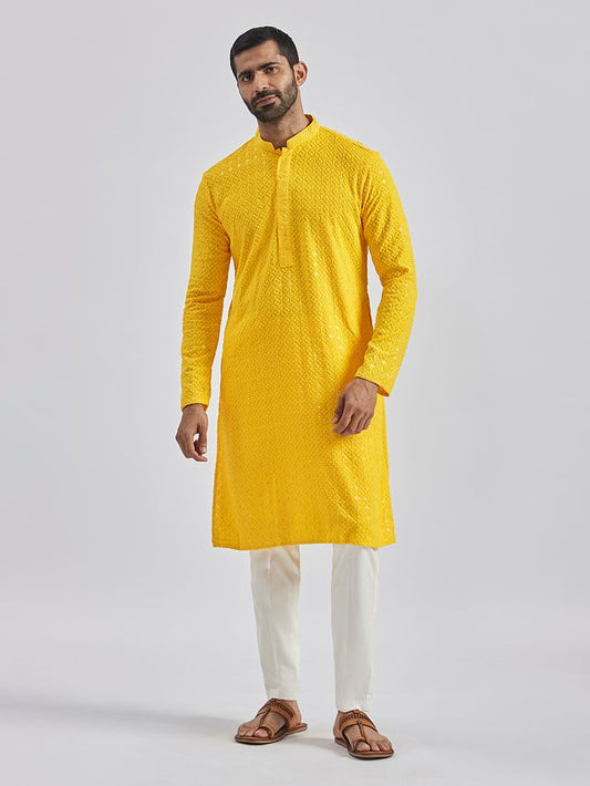 VASTRAMAY Men's Yellow And White Rayon Cotton Kurta Pyjama Set