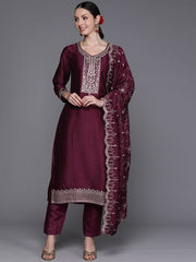 Indo Era Burgundy Embroidered Straight Kurta Trousers With Dupatta Set