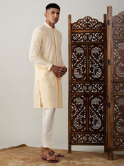 Vastramay Men's Yellow Georgette Kurta & Pyjama