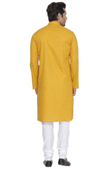 Vastramay Men's Yellow Cotton Linen Blend Kurta Pyjama Set